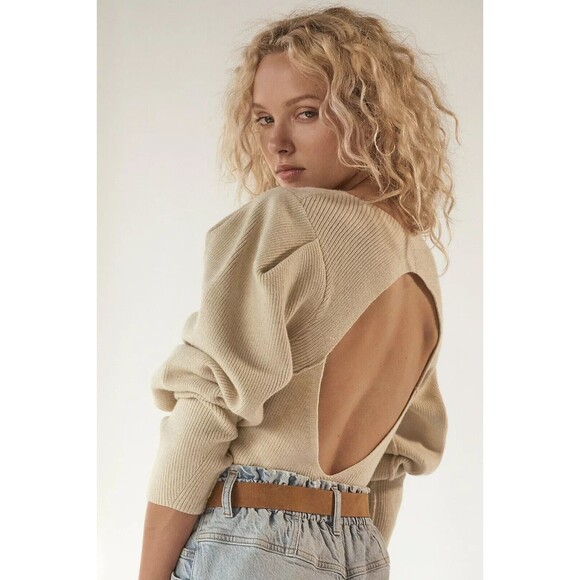 Free People Sweaters - Free People "Saffron" Sweater Size  Small Ivory Puff Sleeve‎ Open Cut Out Back